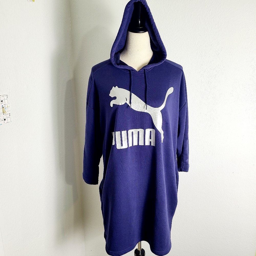 Puma Blue Hoodie Dress with White PUMA & Silver Sparkles, Size Medium - Picture 2 of 13